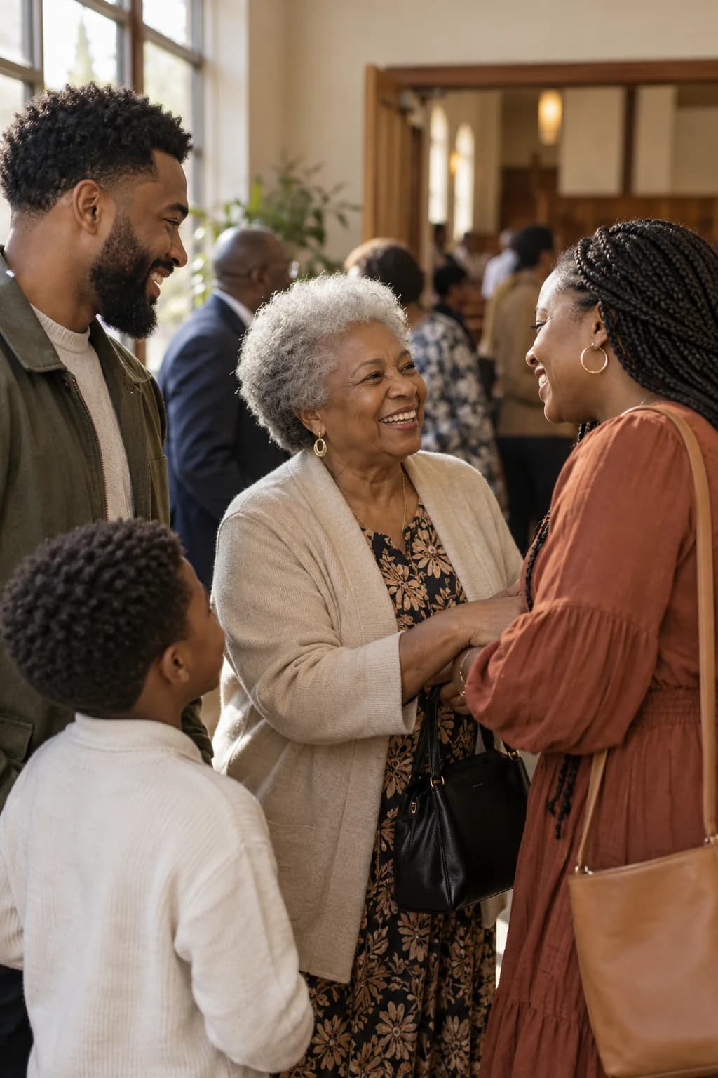 Illustrative image of people greeting one another after worship
